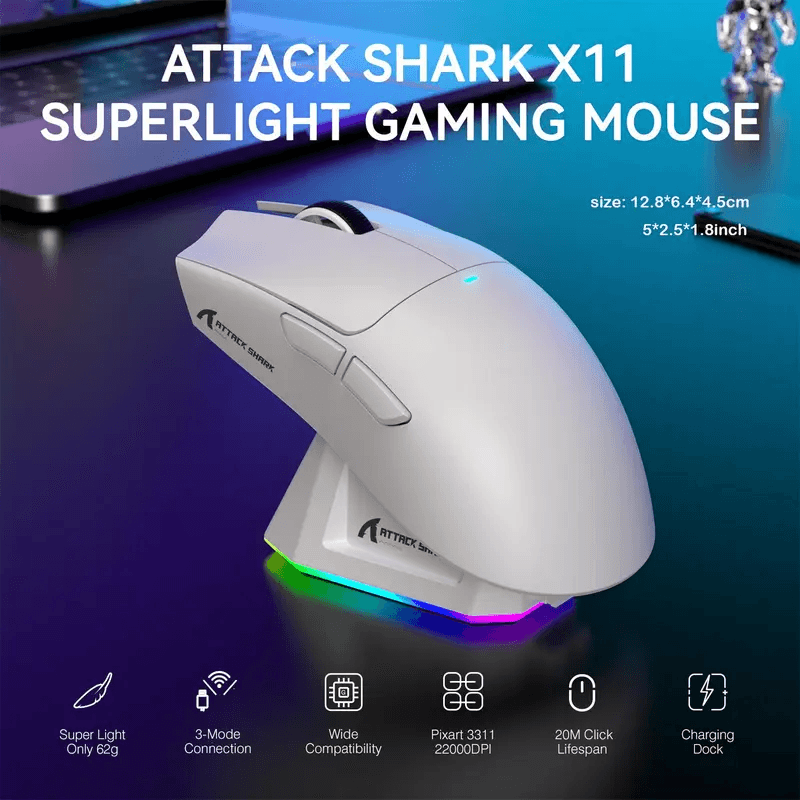 Attack Shark X11 Lightweight Gaming Mouse, PAW3311, Tri‑Mode Wireless Bluetooth, Rechargeable, RGB B