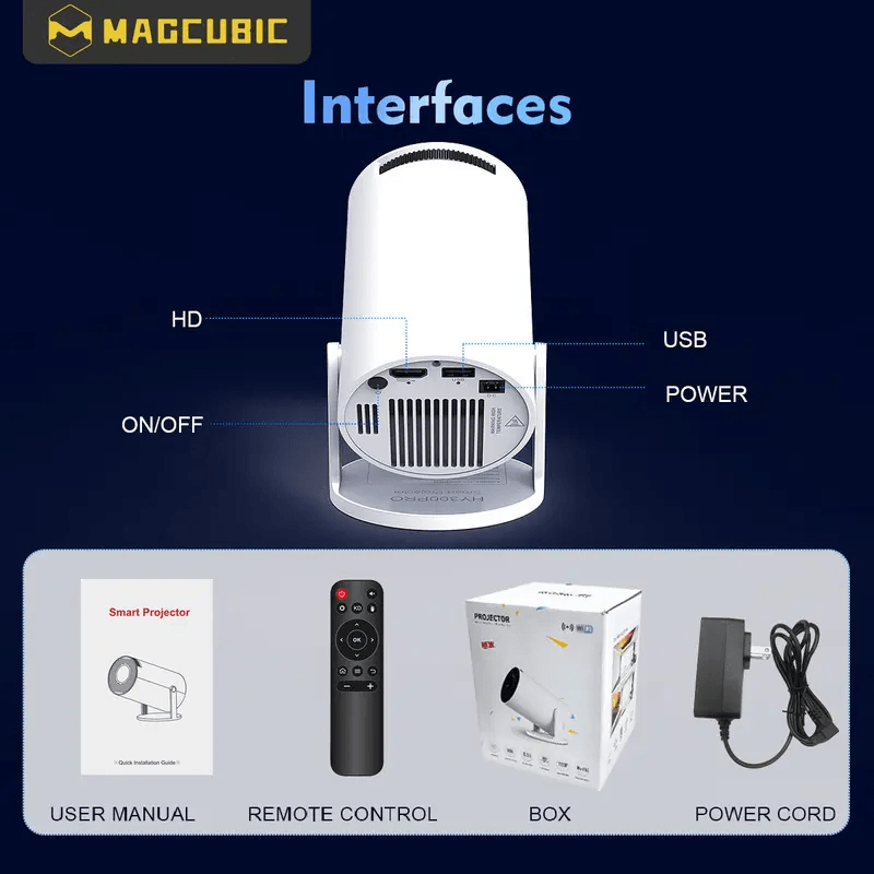 HY300Pro Mini Portable Projector Android14 WiFi6 BT5.4 Auto Keystone 130‑inch Home Theater