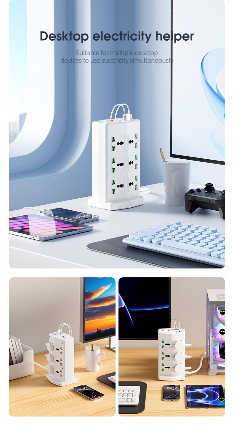 UK Tower Power Strip, Multi‑Outlet Vertical Socket with USB, 2M Extension Cord