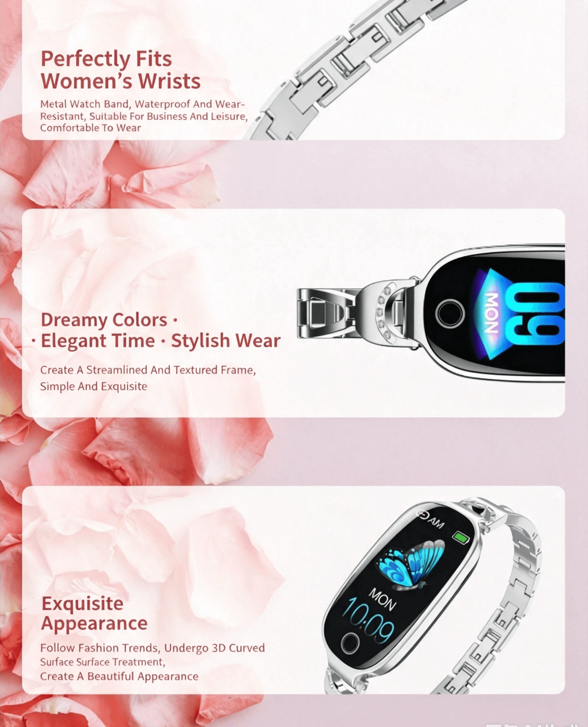 P81 Fashion Women Smart Watch, Luxury Jewellery Smart Bracelet, Heart Rate Blood Pressure Monitor, F