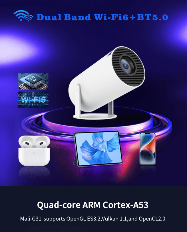 HY300Pro Smart Projector, 4K Supported Portable Mini Projector, Wi‑Fi6 Bluetooth 5.0, Auto Keystone 