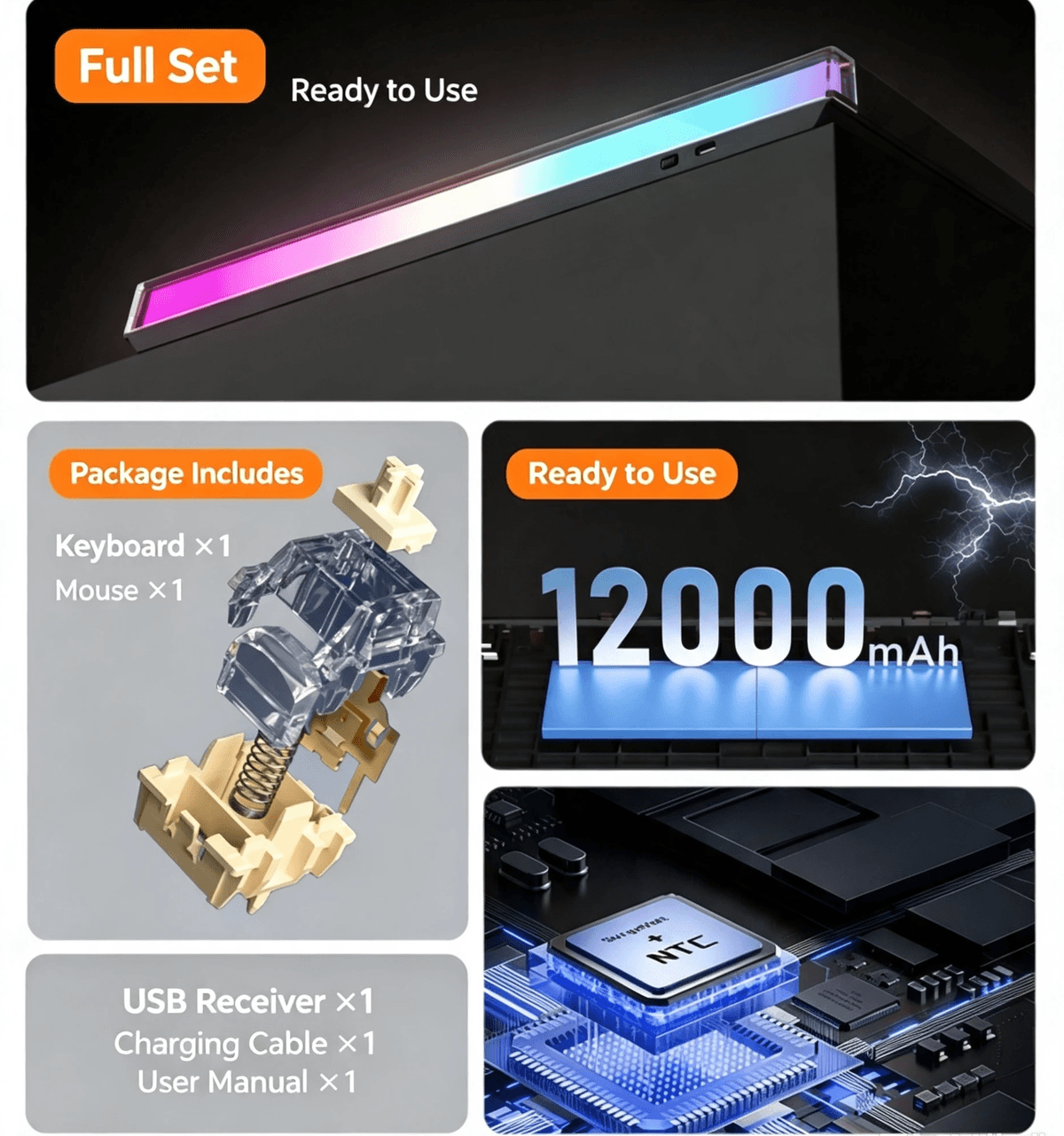 T87 87Keys 3‑Mode Hot‑swappable ARGB Gaming Keyboard,12000mAh 