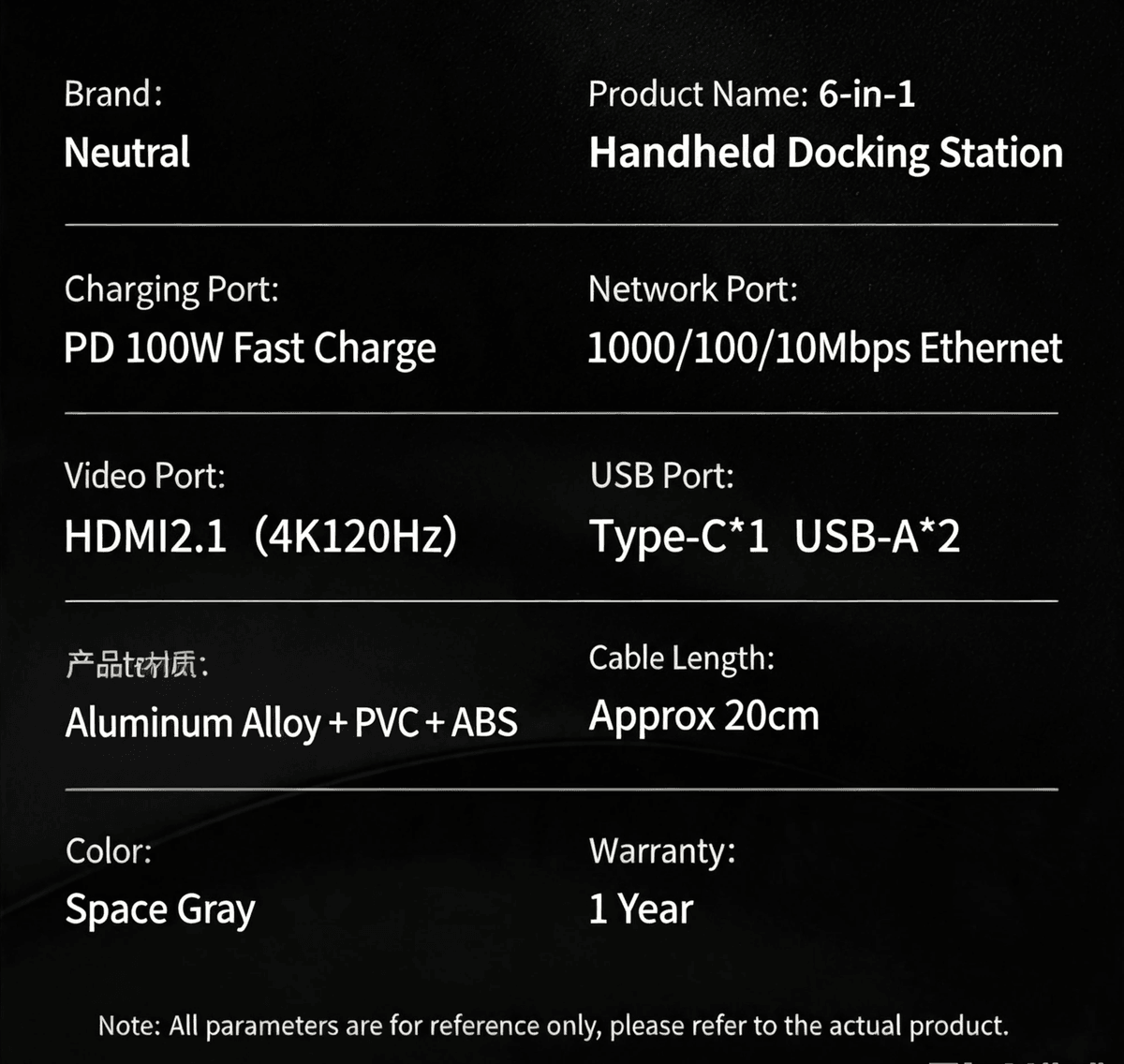 6‑in‑1 Handheld Docking Station, HDMI2.1 4K@120Hz, 100W PD Charging, Gigabit RJ45 Ethernet, USB‑C Hu