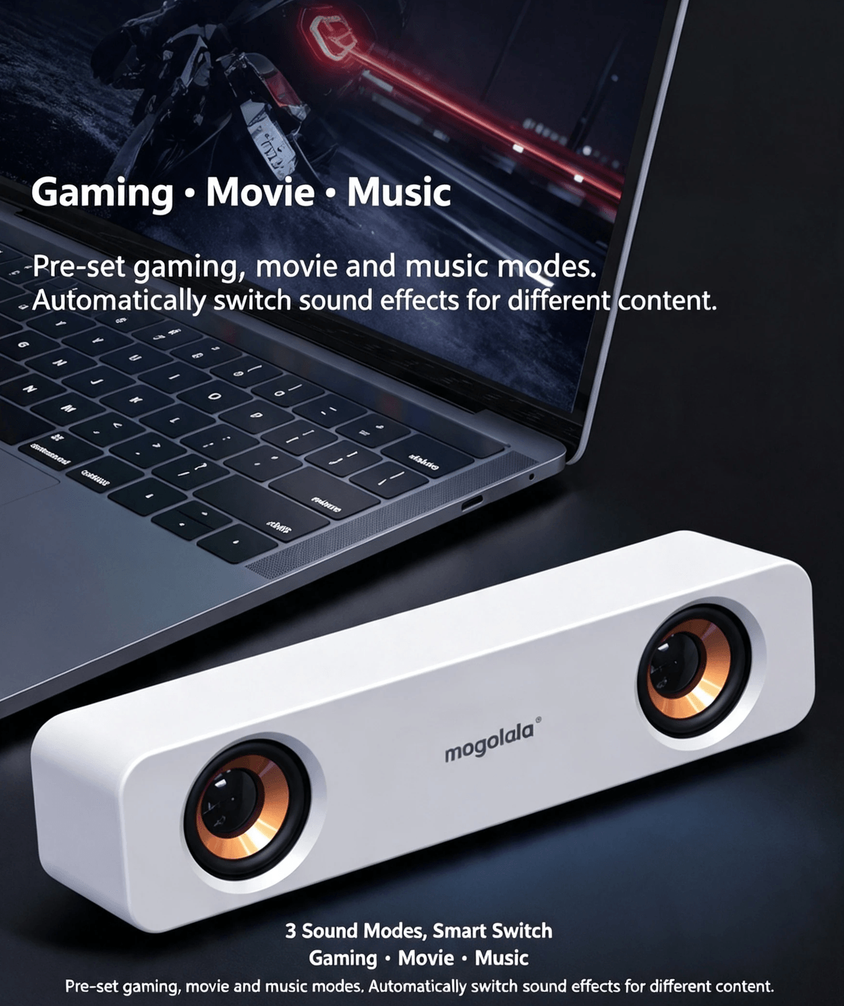 RGB Computer Sound Bar, Wired & Bluetooth Dual Mode Desktop Speaker, Stereo Bass Gaming Speaker 