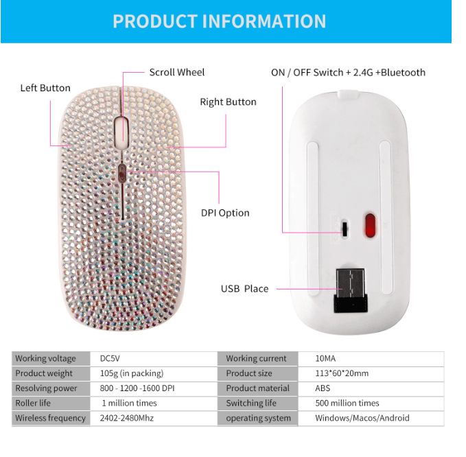 Rhinestone Bling Rechargeable Wireless Bluetooth Mouse