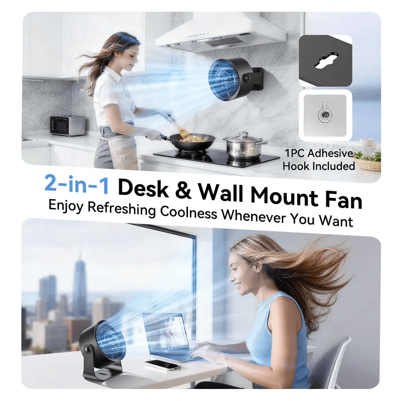 360° Rotate Rechargeable Desk Fan, LED Display 100‑Speed Quiet Wall‑Mount Personal Fan