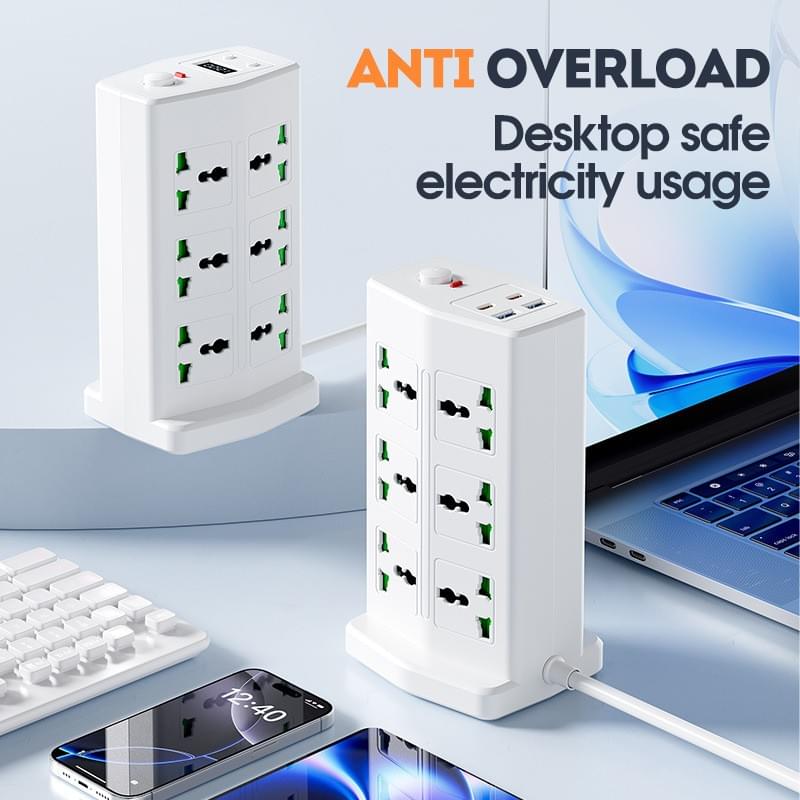 UK Tower Power Strip, Multi‑Outlet Vertical Socket with USB, 2M Extension Cord