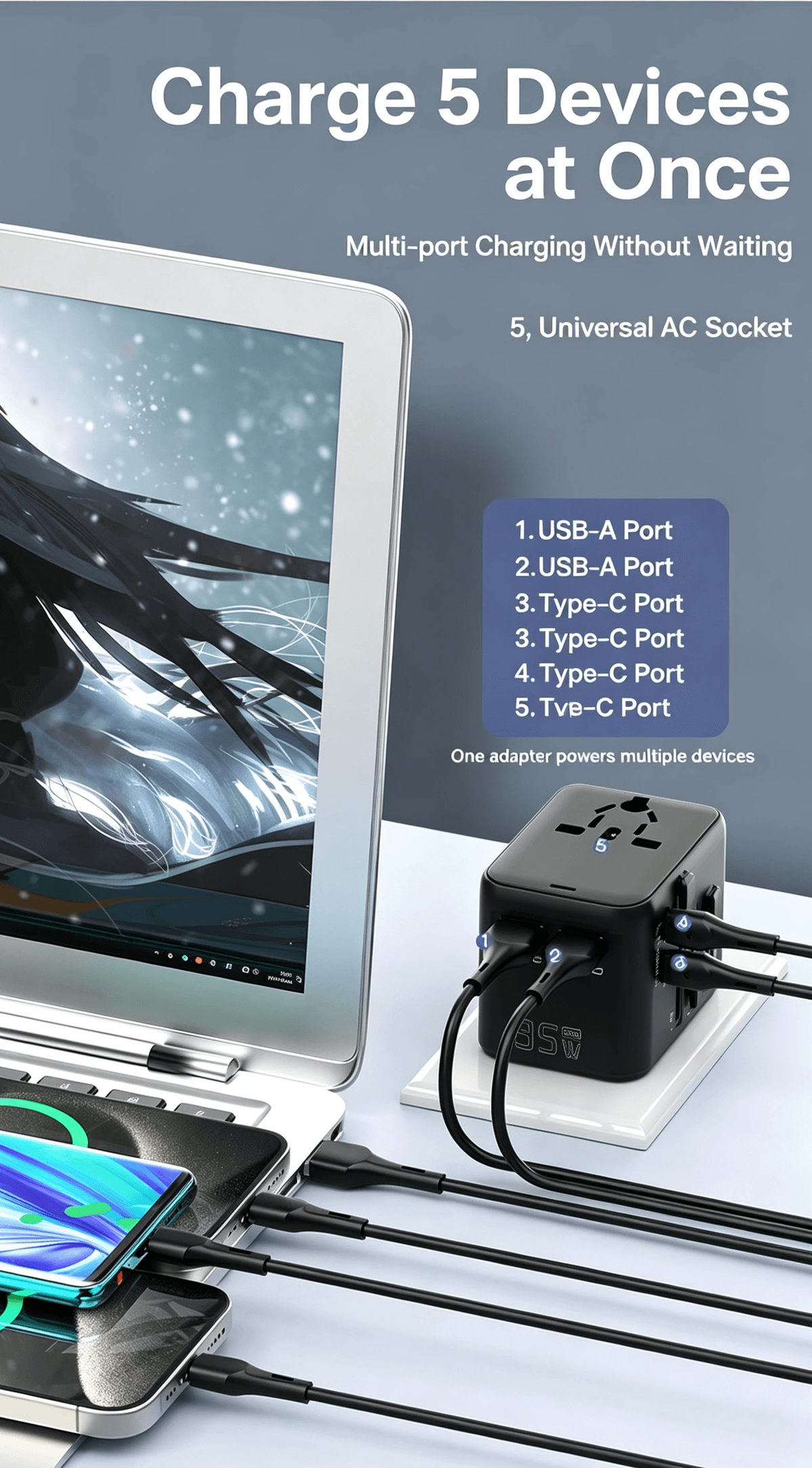 35W GaN International Travel Adapter, PD&QC3.0 Fast Charge All‑in‑One Plug