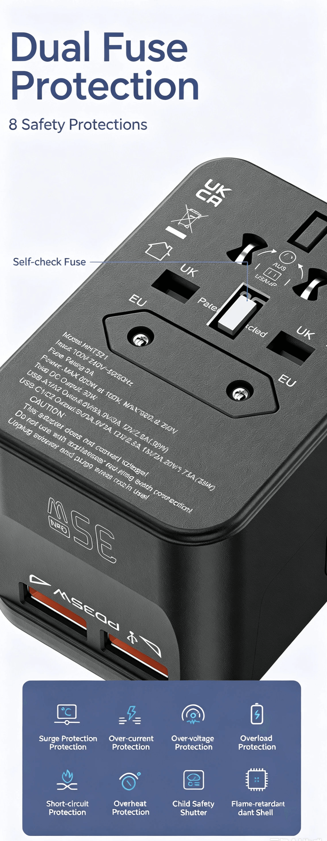 35W GaN International Travel Adapter, PD&QC3.0 Fast Charge All‑in‑One Plug