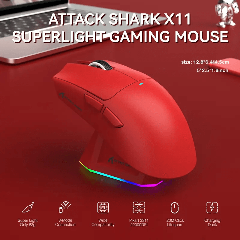Attack Shark X11 Lightweight Gaming Mouse, PAW3311, Tri‑Mode Wireless Bluetooth, Rechargeable, RGB B