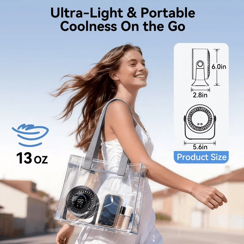 360° Rotate Rechargeable Desk Fan, LED Display 100‑Speed Quiet Wall‑Mount Personal Fan