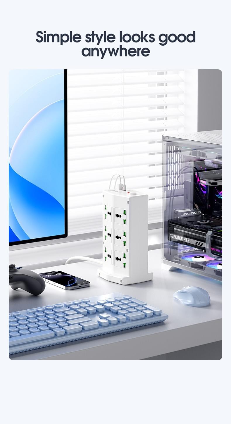 UK Tower Power Strip, Multi‑Outlet Vertical Socket with USB, 2M Extension Cord