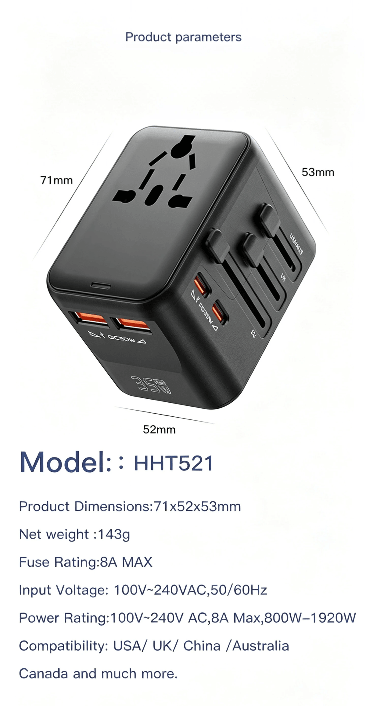 35W GaN International Travel Adapter, PD&QC3.0 Fast Charge All‑in‑One Plug