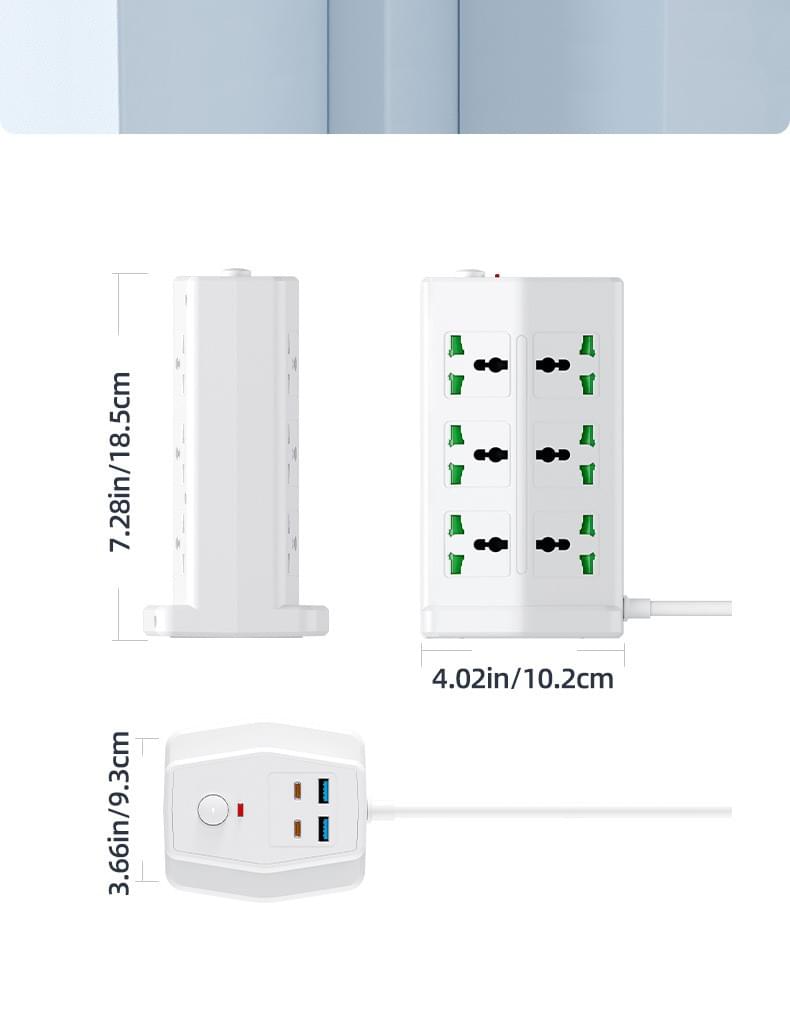 UK Tower Power Strip, Multi‑Outlet Vertical Socket with USB, 2M Extension Cord