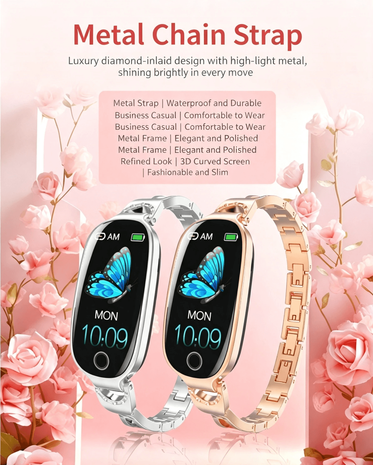 P81 Fashion Women Smart Watch, Luxury Jewellery Smart Bracelet, Heart Rate Blood Pressure Monitor, F