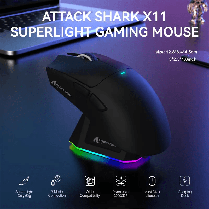 Attack Shark X11 Lightweight Gaming Mouse, PAW3311, Tri‑Mode Wireless Bluetooth, Rechargeable, RGB B