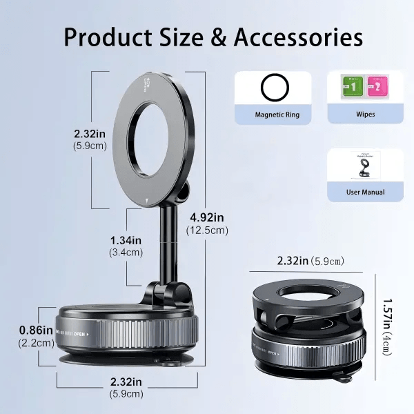 Foldable Magnetic Car Phone Mount, N52 Magnet Vacuum Suction Car Holder
