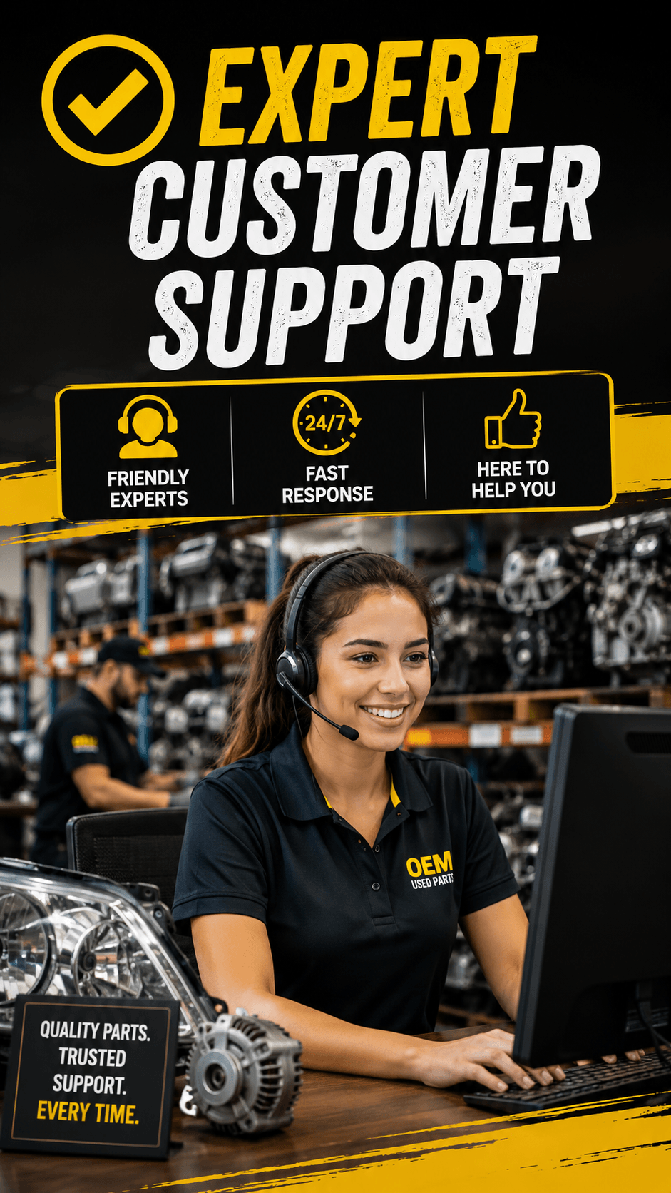 Our experienced team is here to assist you in finding the right used auto parts for your vehicle. We provide professional advice, quick responses, and reliable support to ensure a smooth purchasing experience. Count on us for expert guidance and quality products. Expert Service Our Used Auto Parts Used autoparts store