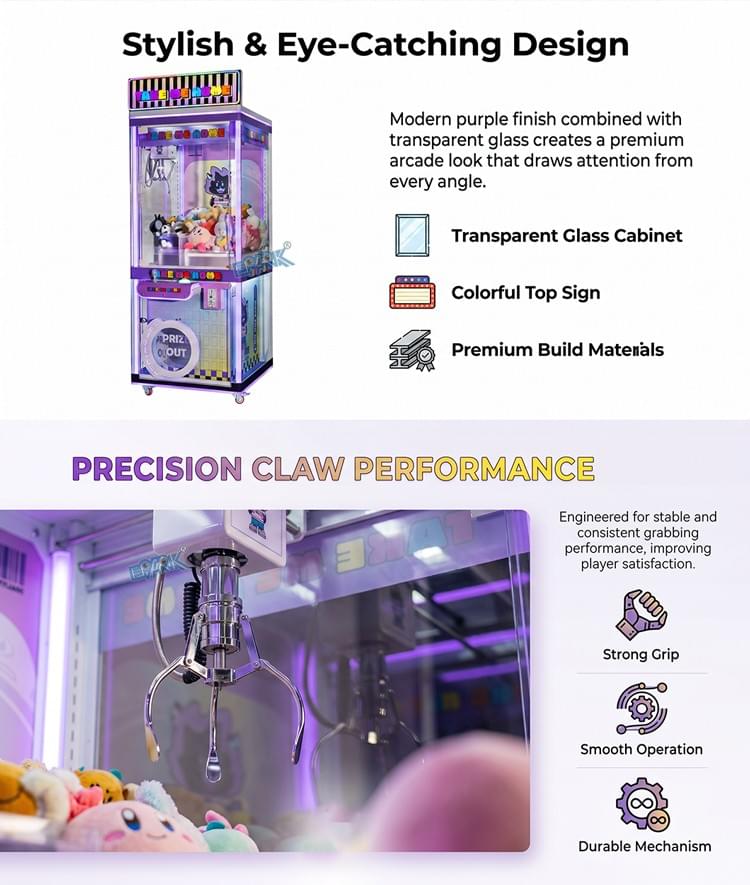 Purple Claw Machine Commercial Prize Game For Arcade Business