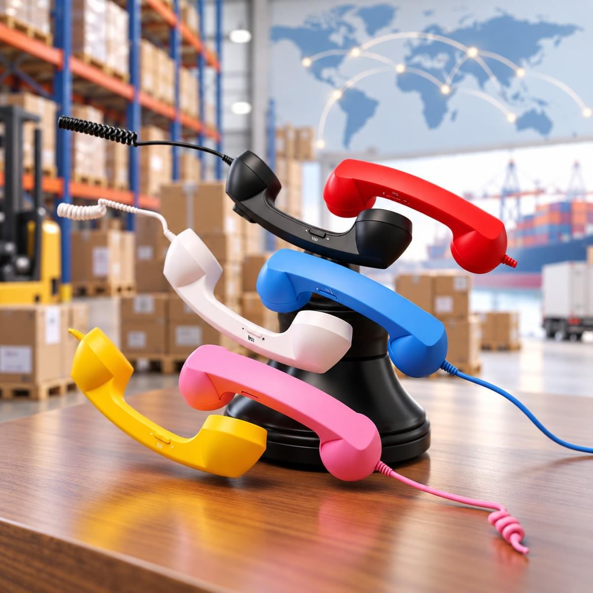 Colorful retro phone handsets displayed in a global warehouse and shipping environment for wholesale distribution and international B2B supply.