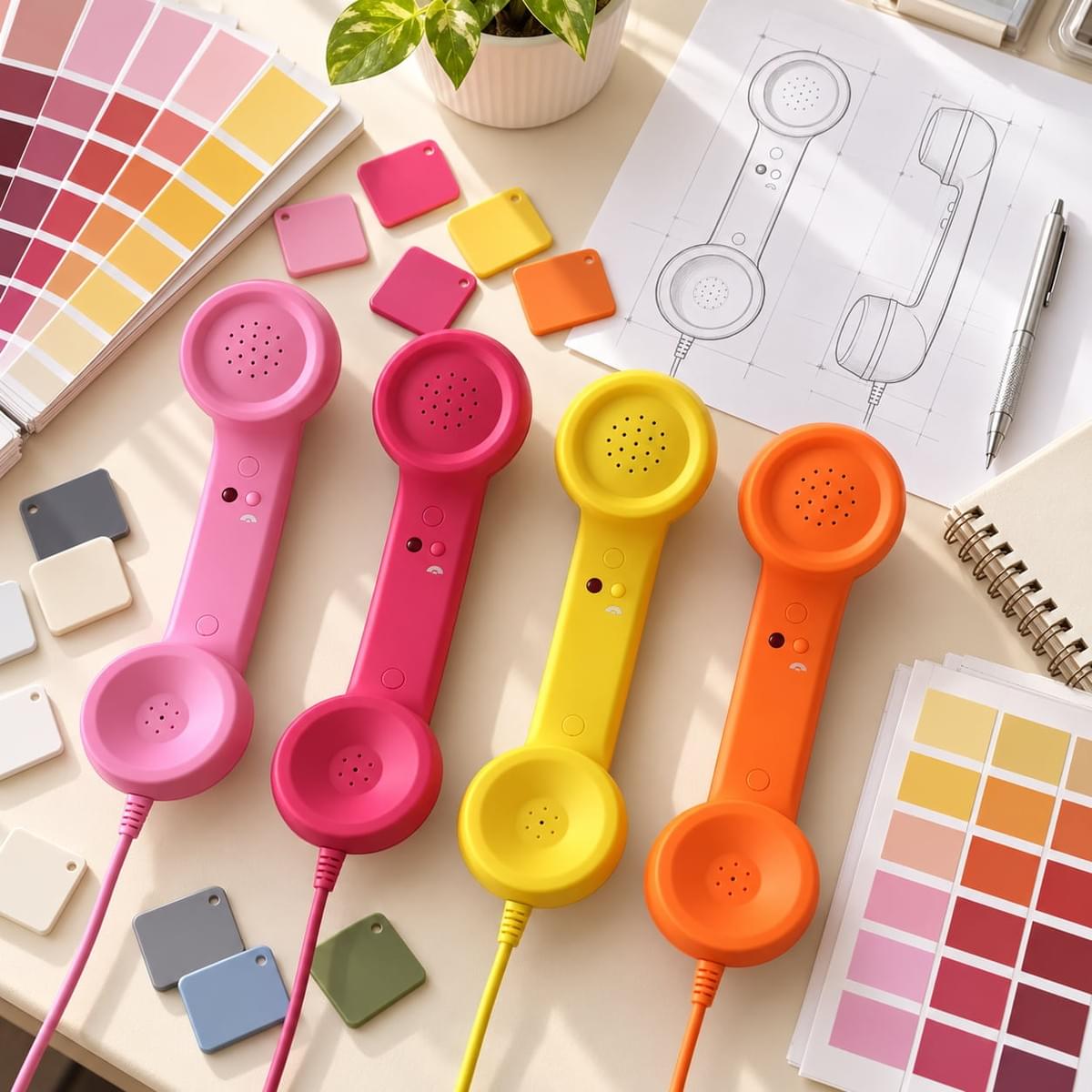 Orange, magenta and yellow retro phone handsets with color swatches for OEM custom color development