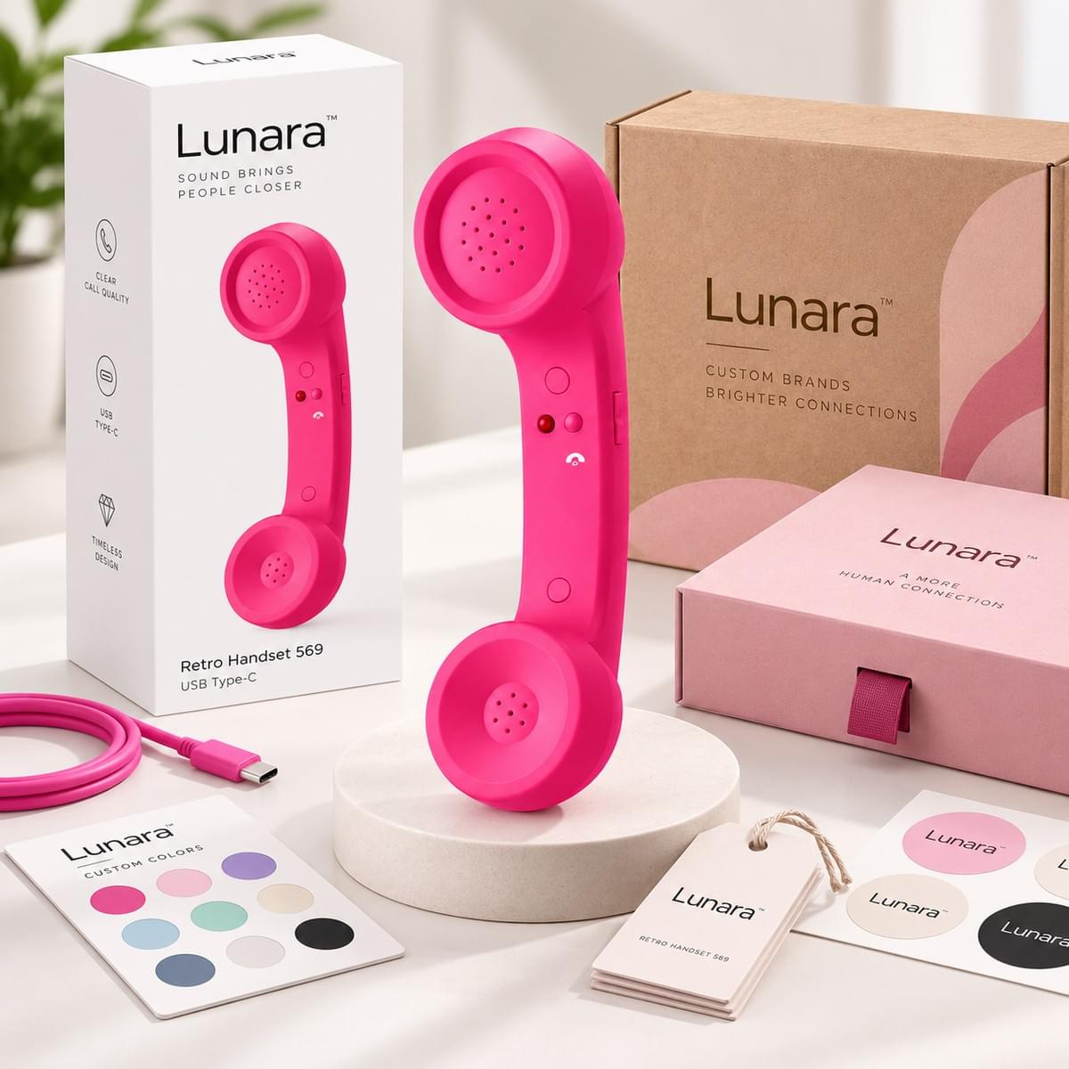 Hot pink Model 569  retro phone handset with custom branded packaging, color options and private-label materials for OEM ODM product brands.
