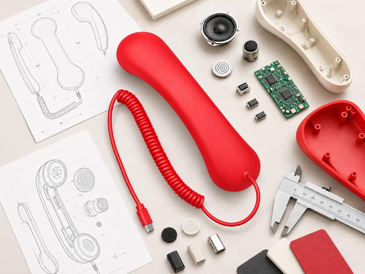 3289 usb type-c retro phone handsets in an electronics engineering workspace, representing product development, audio, connectivity and OEM ODM support.