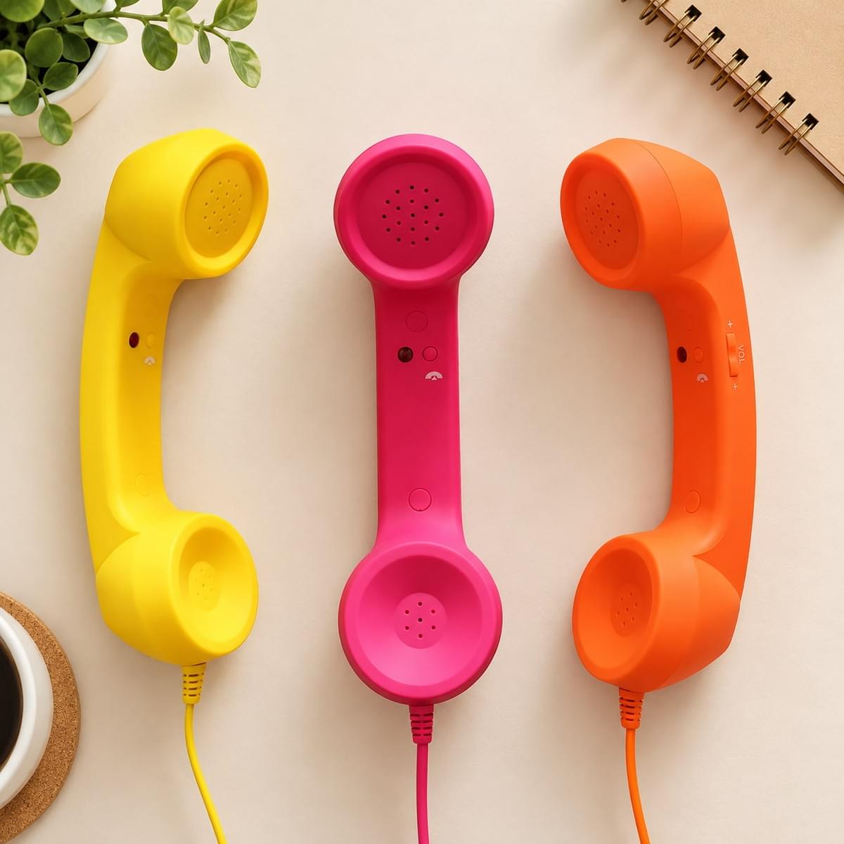 Retro phone handsets in magenta, orange and yellow color options for wholesale and retail programs