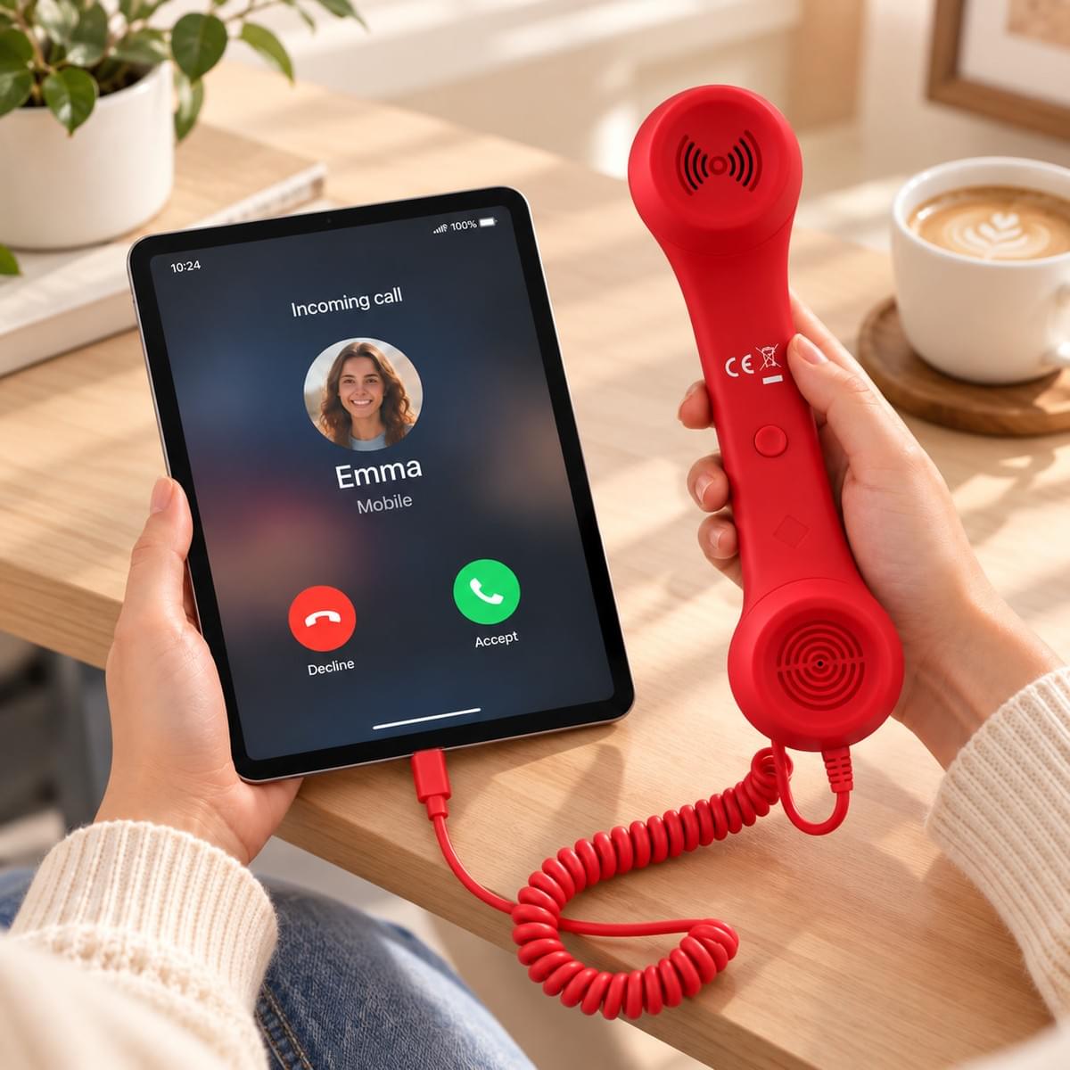 Red 3289 USB Type-C retro phone handset used with an iPad for voice calls in a warm lifestyle setting
