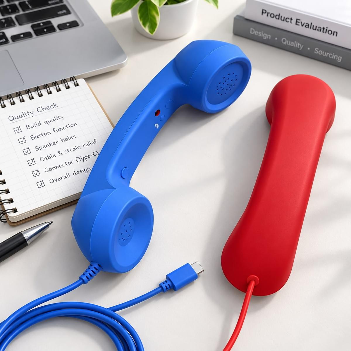 Retro phone handset quality check showing product details, buttons, speaker holes, cable and USB Type-C connector