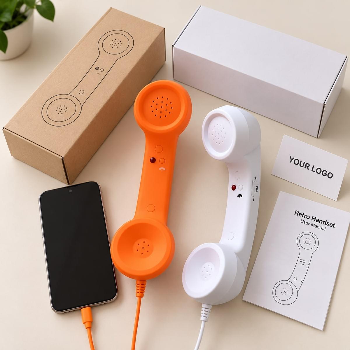 Retro phone handset with packaging box and branded insert materials for wholesale and private-label projects