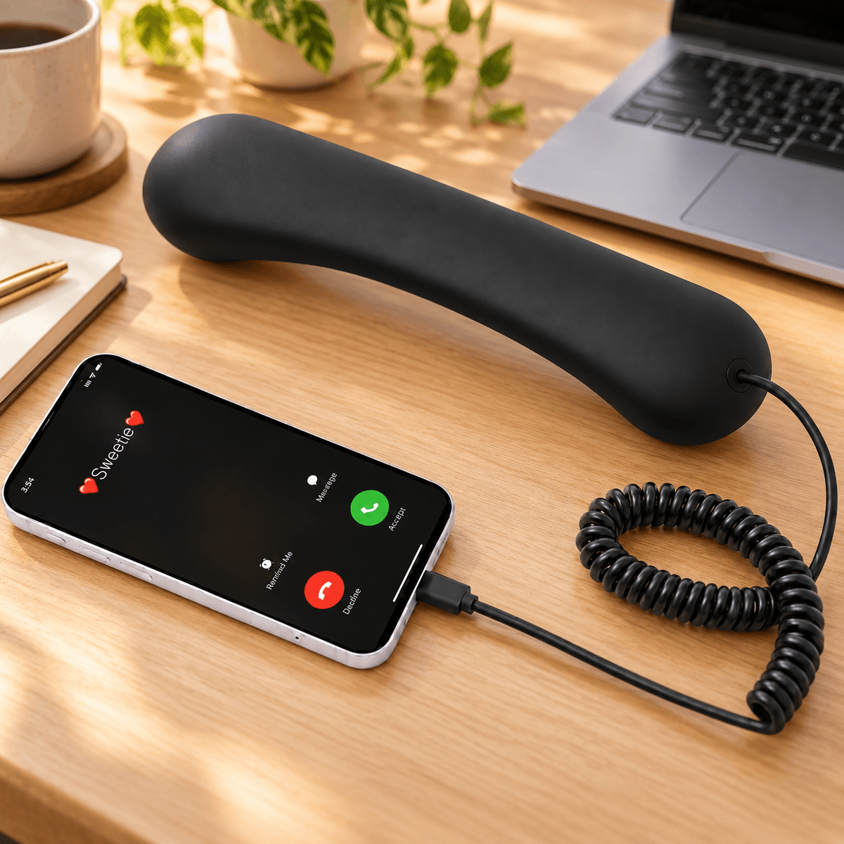 Black USB-C retro phone handset connected to a smartphone for voice calls on a warm home office desk