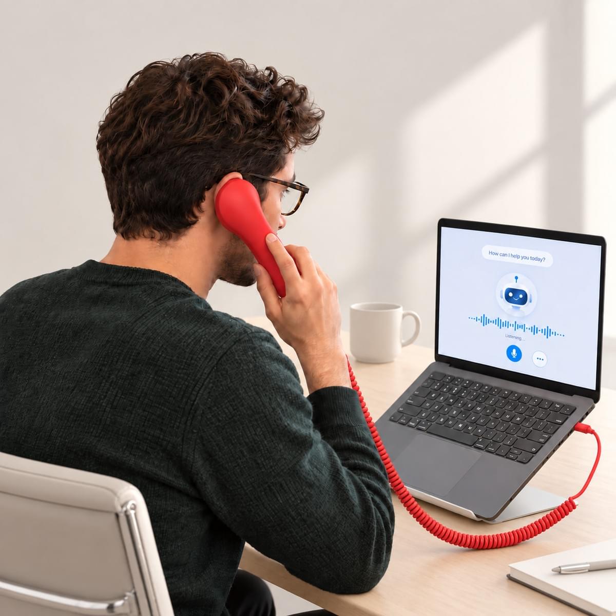Black 3289 USB Type-C retro phone handset used for AI voice interaction with a laptop