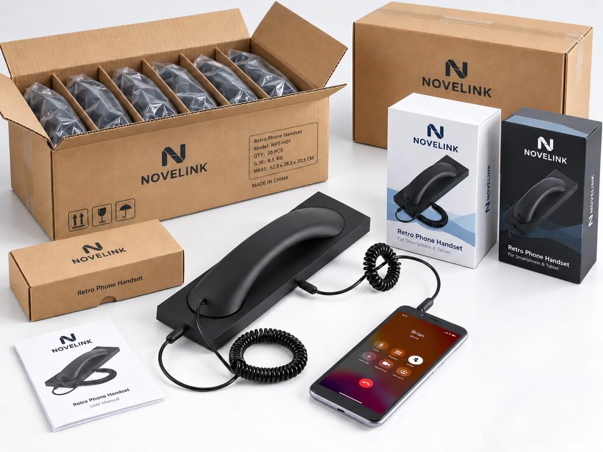 Retro phone handset with bulk cartons, branded color boxes and custom packaging, showing OEM ODM and wholesale production support from NEW POWER TECH.