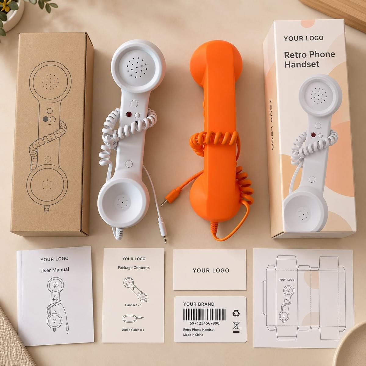 Retro phone handsets with custom packaging, logo card, manual and inserts for private-label OEM projects