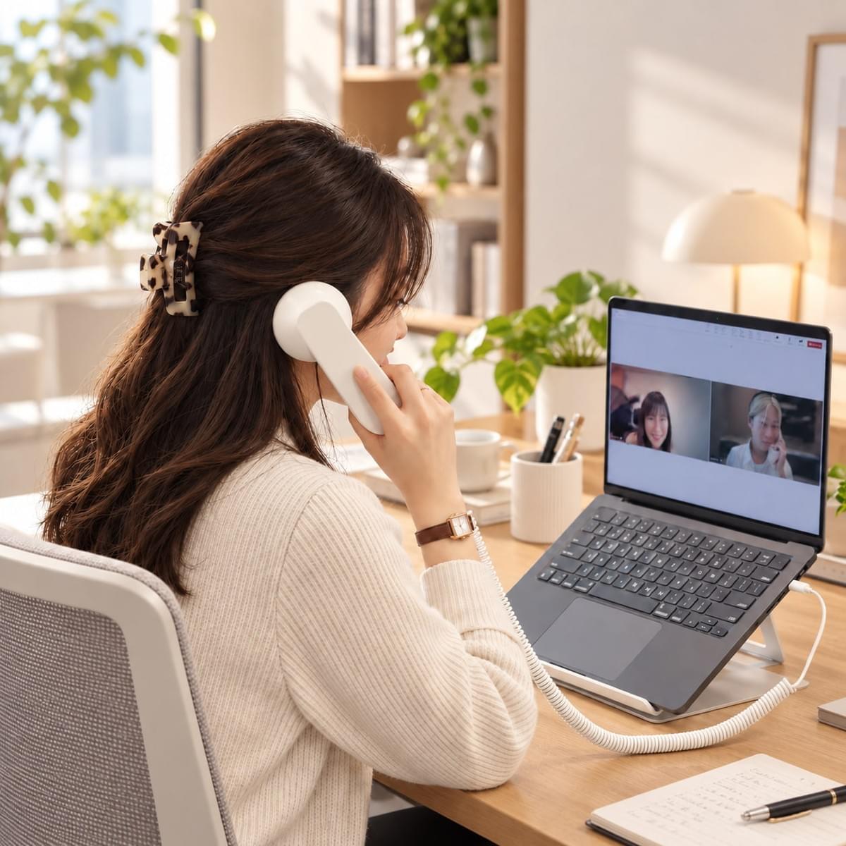 White 3289 USB Type-C retro phone handset used for office and remote work with a laptop