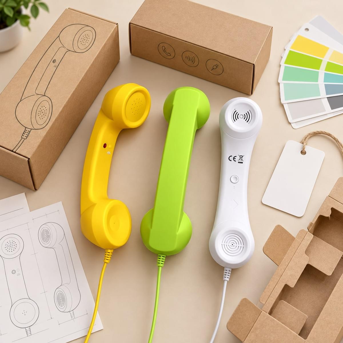 Custom retro phone handsets in multiple colors with packaging, color swatches and private-label development materials