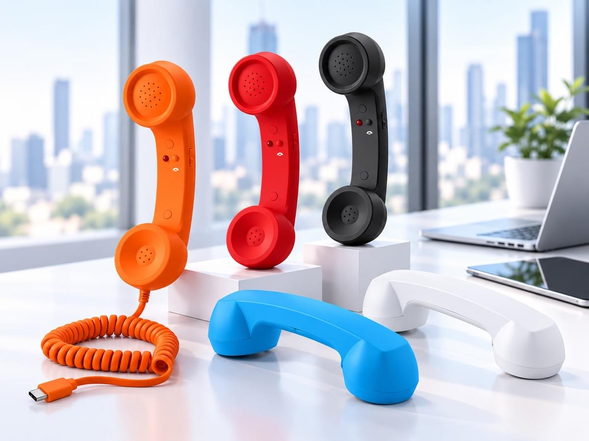 Colorful retro phone handsets displayed in a modern office workspace, featuring USB Type-C wired handset models for OEM, ODM and wholesale supply.