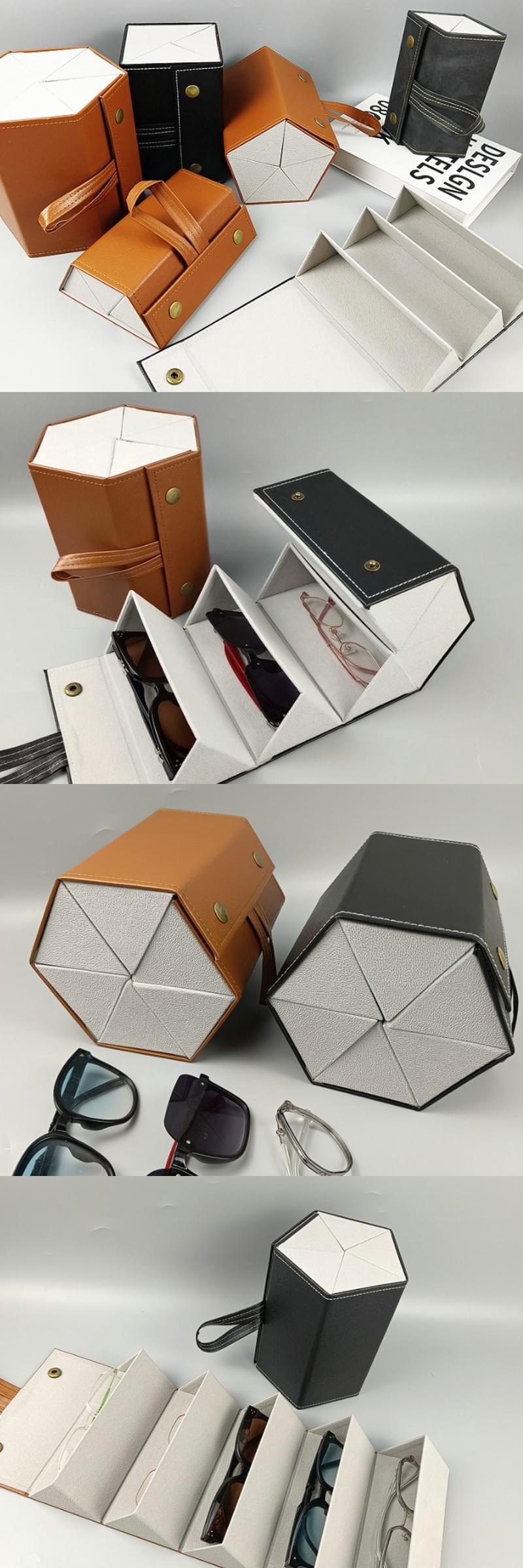 Wholesale Handmade Hexagonal Leather Folding Eyeglasses Case 