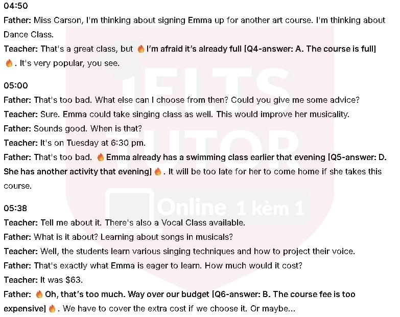Đáp án The teacher praised student Emma for: Đề thi IELTS LISTENING (actual test) kèm đáp án & transcript with location