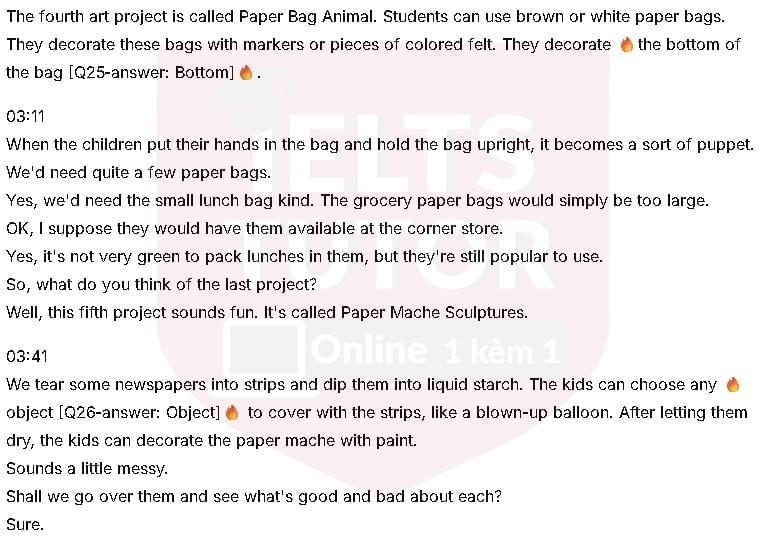 Scissors, markers, stiff paper and pieces of: Đề thi IELTS LISTENING (actual test)