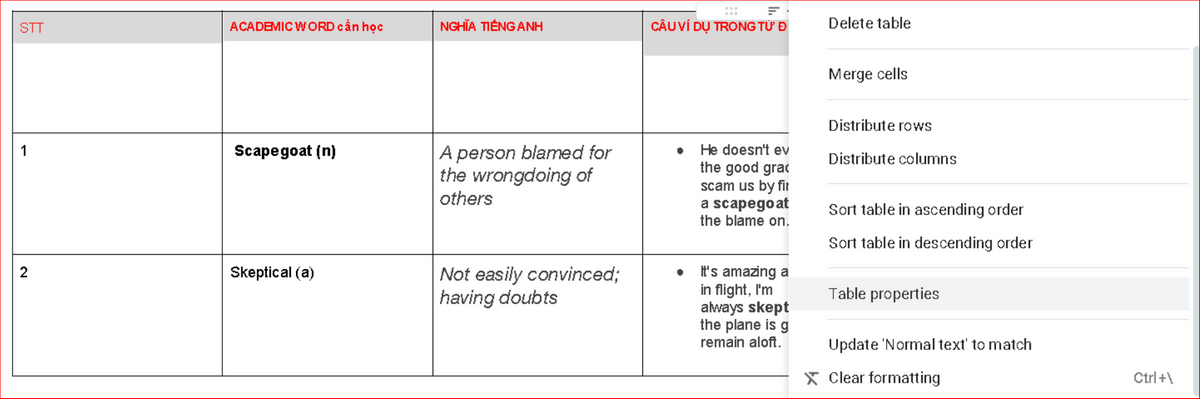 Hướng dẫn cách format table trong Google docs