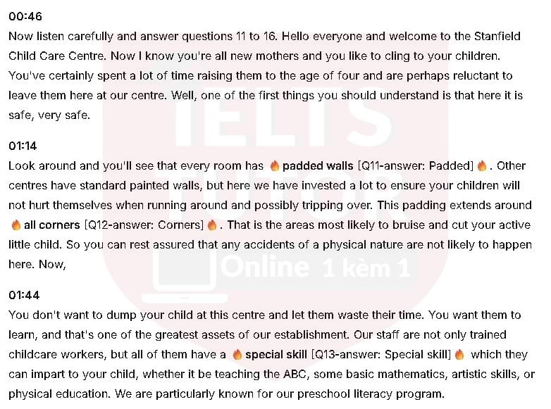 Advantages of Stanfield Childcare Centre: Đề thi IELTS LISTENING (actual test)