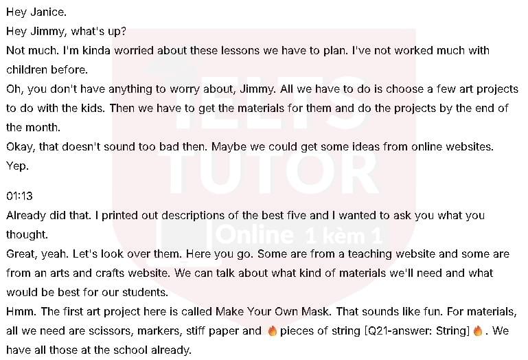 Scissors, markers, stiff paper and pieces of: Đề thi IELTS LISTENING (actual test)