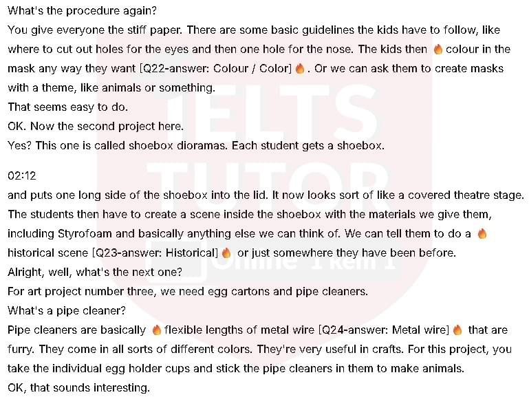 Scissors, markers, stiff paper and pieces of: Đề thi IELTS LISTENING (actual test)