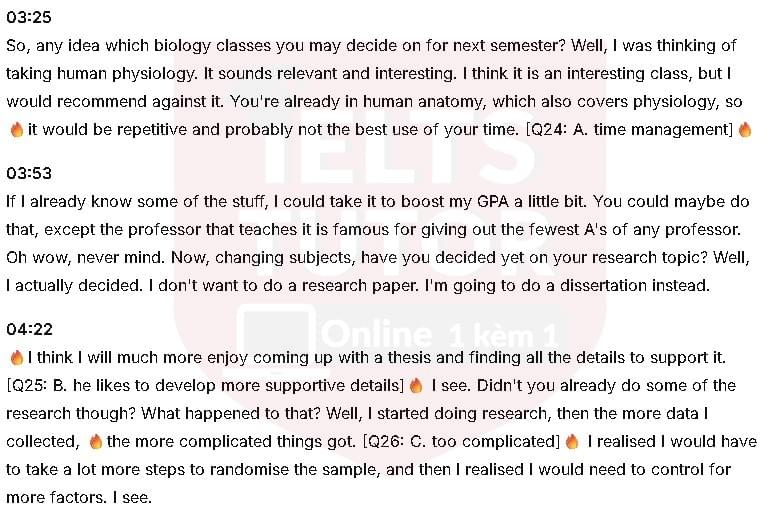 The tutor recommends against taking Human Physiology because it would not be the best: Đề thi IELTS LISTENING (actual test)