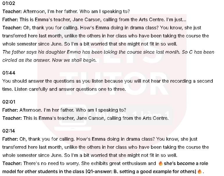 Đáp án The teacher praised student Emma for: Đề thi IELTS LISTENING (actual test) kèm đáp án & transcript with location