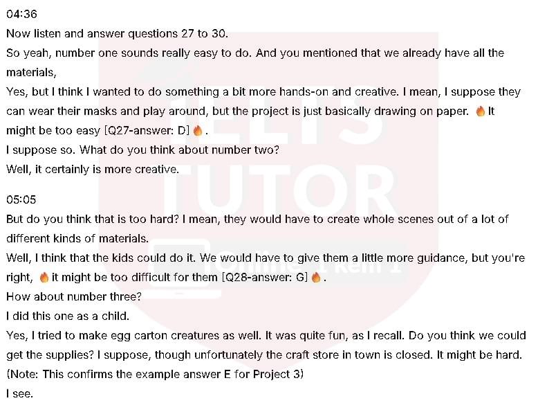 Scissors, markers, stiff paper and pieces of: Đề thi IELTS LISTENING (actual test)