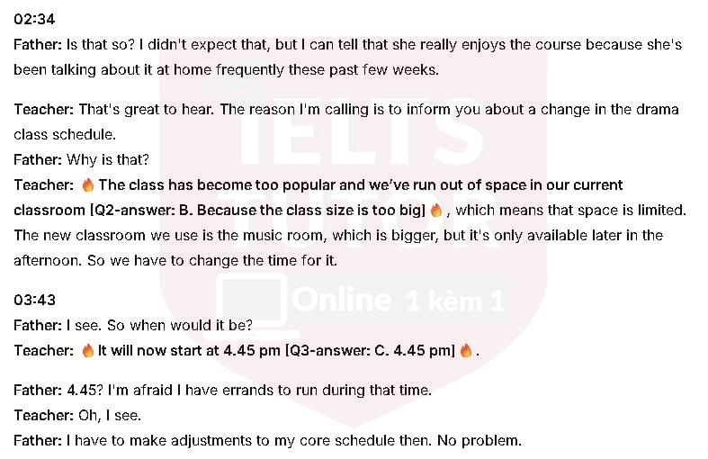 Đáp án The teacher praised student Emma for: Đề thi IELTS LISTENING (actual test) kèm đáp án & transcript with location