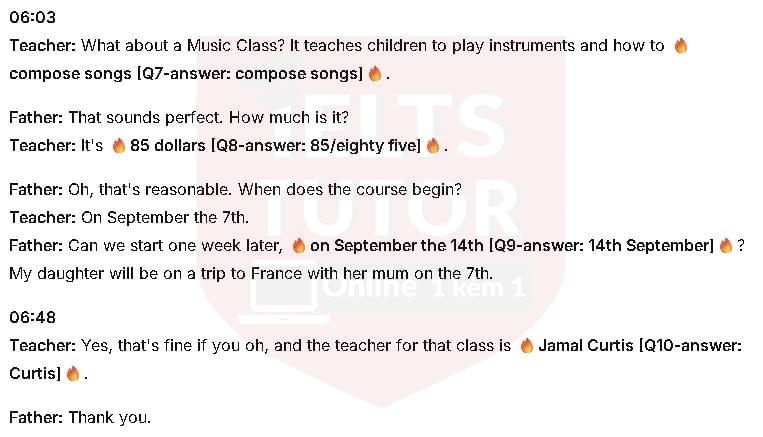 Đáp án The teacher praised student Emma for: Đề thi IELTS LISTENING (actual test) kèm đáp án & transcript with location